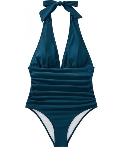 Women Sexy Halter 1 Piece Swimsuit Slimming Tummy Control Bathing Suits 1 Peacock Blue $20.99 Swimsuits