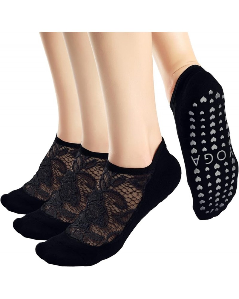 BIVOLU Non Slip Yoga Socks for Women Breathable Lace Mesh for Pilates,Barre,Workout,Dance Anti-Skid Socks 3/4 Pack Black(3 Pa...