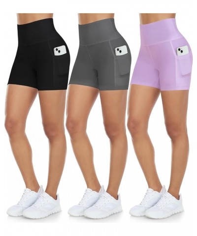 3 Pack Biker Shorts for Women with Pockets- 5'' High Waisted Tummy Control Workout Yoga Black Running Shorts 03,black,grey,li...