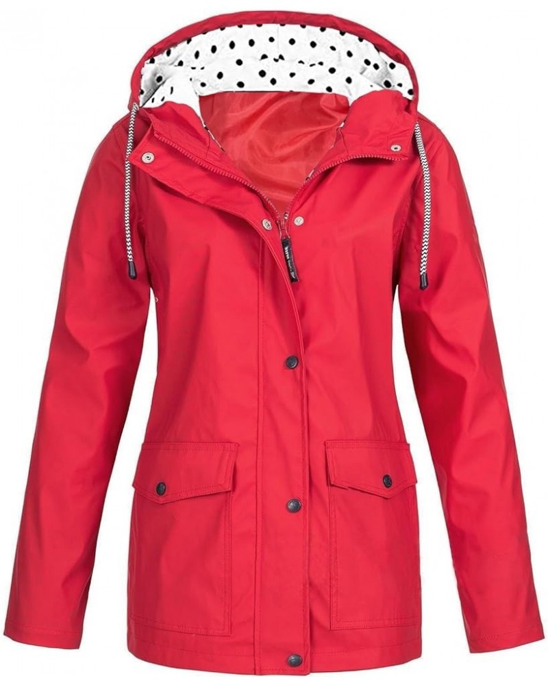 Plus Size Womens Raincoats Waterproof Lightweight with Hood Outdoor Hooded Windbreaker Solid Trench Coat Rain Jacket D6-red $...