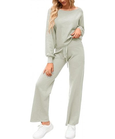 Women's 2 Piece Sweatsuits Long Sleeve Knit Sweater Wide Leg Pants Outfits Loungewear Set Light Green $18.13 Activewear