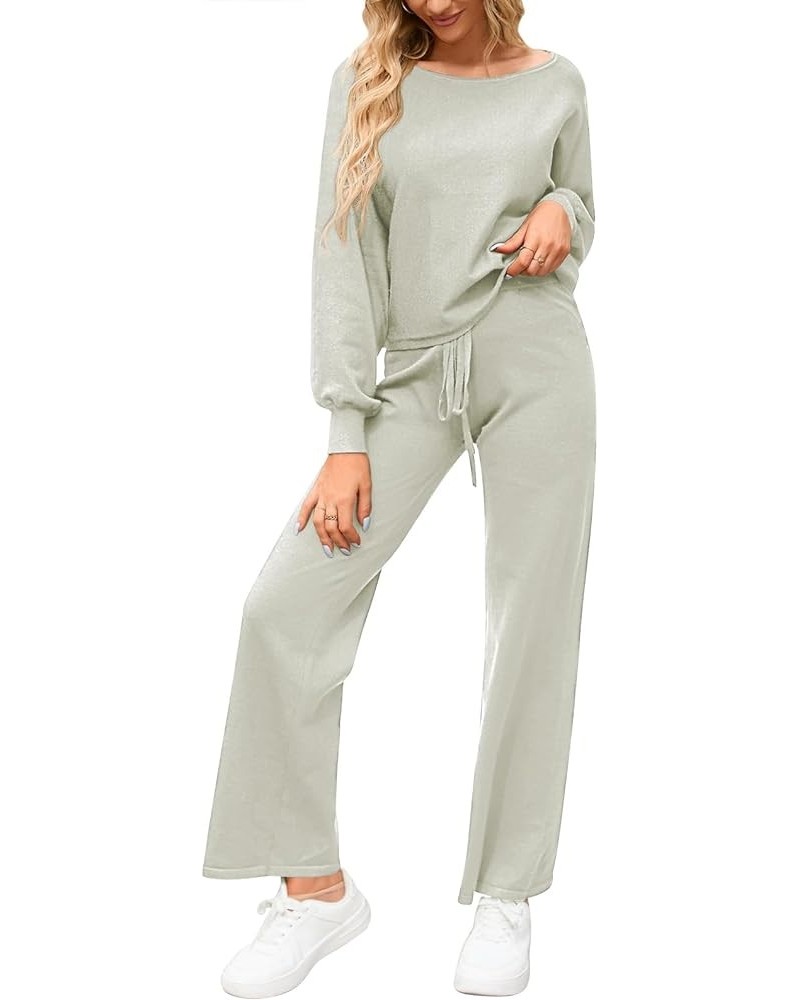 Women's 2 Piece Sweatsuits Long Sleeve Knit Sweater Wide Leg Pants Outfits Loungewear Set Light Green $18.13 Activewear