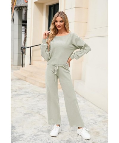 Women's 2 Piece Sweatsuits Long Sleeve Knit Sweater Wide Leg Pants Outfits Loungewear Set Light Green $18.13 Activewear