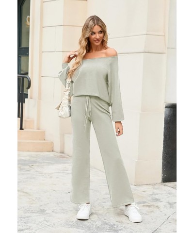 Women's 2 Piece Sweatsuits Long Sleeve Knit Sweater Wide Leg Pants Outfits Loungewear Set Light Green $18.13 Activewear