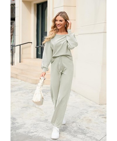 Women's 2 Piece Sweatsuits Long Sleeve Knit Sweater Wide Leg Pants Outfits Loungewear Set Light Green $18.13 Activewear