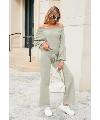 Women's 2 Piece Sweatsuits Long Sleeve Knit Sweater Wide Leg Pants Outfits Loungewear Set Light Green $18.13 Activewear