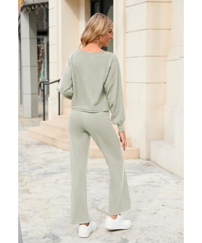 Women's 2 Piece Sweatsuits Long Sleeve Knit Sweater Wide Leg Pants Outfits Loungewear Set Light Green $18.13 Activewear