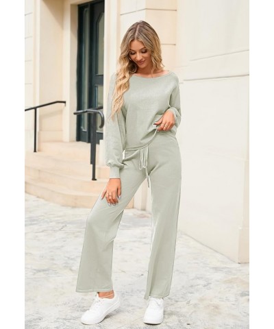 Women's 2 Piece Sweatsuits Long Sleeve Knit Sweater Wide Leg Pants Outfits Loungewear Set Light Green $18.13 Activewear