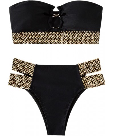 Women's Bikini Sets Strapless Bikini Bandeau Swimsuits Set Sexy 2 Piece Bathing Suit for Women Black Hand $14.70 Swimsuits