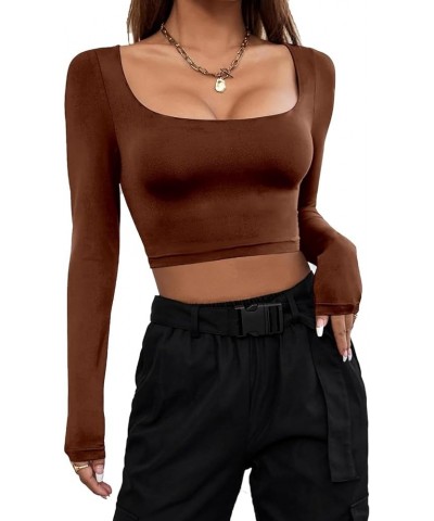 Women's 2 Piece Basic Square Neck Long Sleeve Crop Top Double Lined Slim Fitted Workout Tee Shirt Sets 1-coffee $11.28 T-Shirts