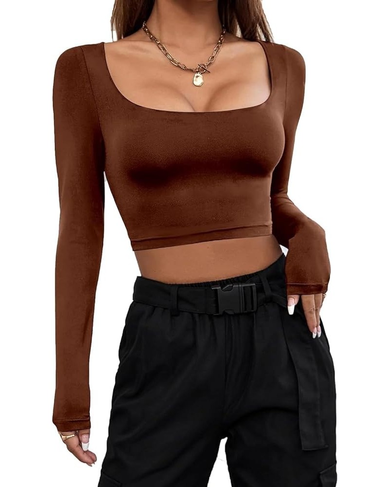 Women's 2 Piece Basic Square Neck Long Sleeve Crop Top Double Lined Slim Fitted Workout Tee Shirt Sets 1-coffee $11.28 T-Shirts