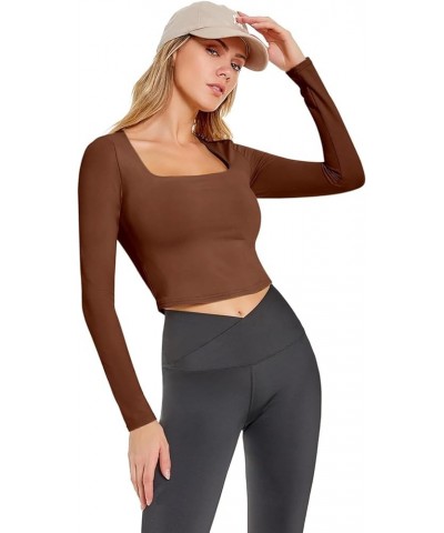 Women's 2 Piece Basic Square Neck Long Sleeve Crop Top Double Lined Slim Fitted Workout Tee Shirt Sets 1-coffee $11.28 T-Shirts