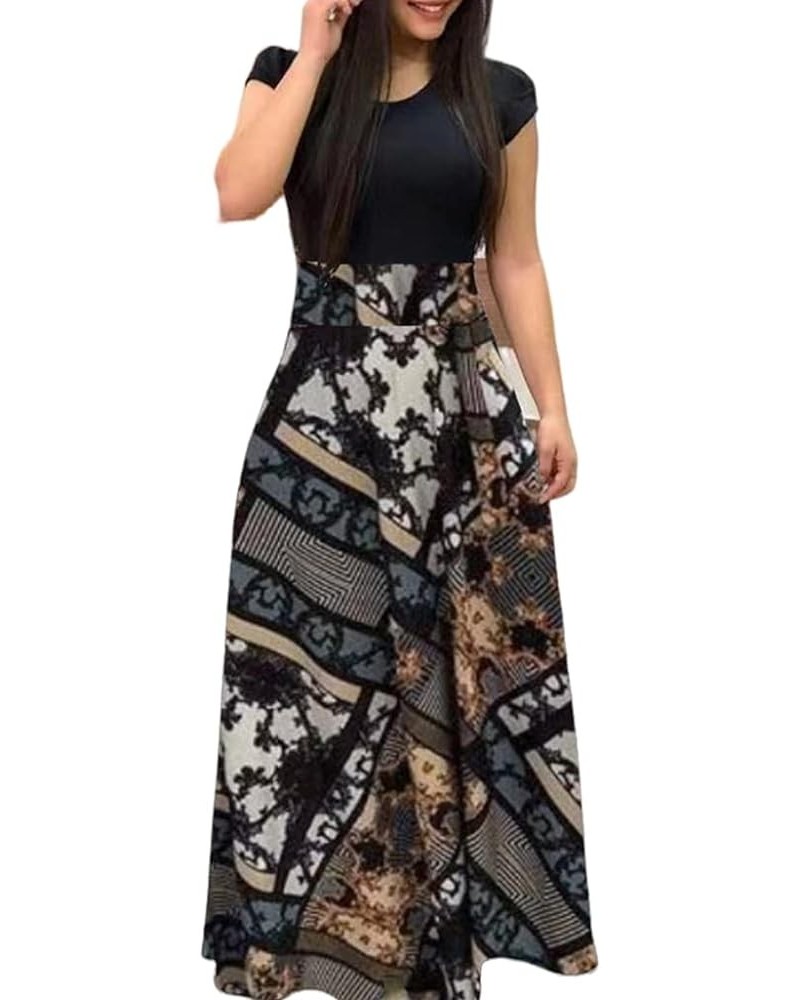 Womens Summer Maxi Dresses 2023 Vintage Elegant Tunic Waisted Floral Midi Dress Casual Short Sleeve Long Dress Multicoloured-...