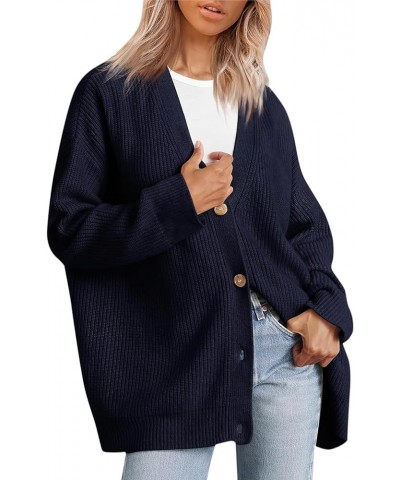 Women's Open Front Knit Cardigan Casual Long Sleeve Oversized Button Lightweight Sweater Outwear Navy Blue $14.35 Sweaters