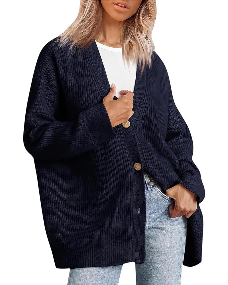 Women's Open Front Knit Cardigan Casual Long Sleeve Oversized Button Lightweight Sweater Outwear Navy Blue $14.35 Sweaters