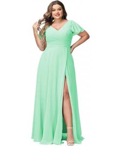 Plus Size V-Neck Long Bridesmaid Dresses with Slit Chiffon Short Sleeve Formal Party Dress CYM120 Mint Green $35.69 Dresses