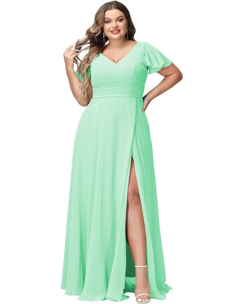 Plus Size V-Neck Long Bridesmaid Dresses with Slit Chiffon Short Sleeve Formal Party Dress CYM120 Mint Green $35.69 Dresses