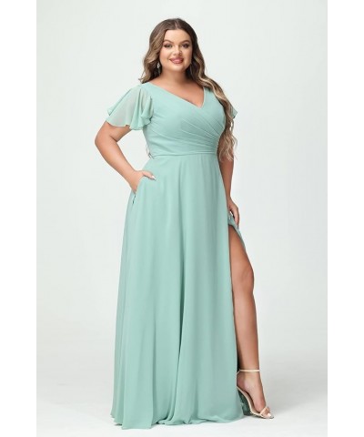 Plus Size V-Neck Long Bridesmaid Dresses with Slit Chiffon Short Sleeve Formal Party Dress CYM120 Mint Green $35.69 Dresses