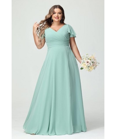 Plus Size V-Neck Long Bridesmaid Dresses with Slit Chiffon Short Sleeve Formal Party Dress CYM120 Mint Green $35.69 Dresses