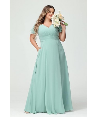 Plus Size V-Neck Long Bridesmaid Dresses with Slit Chiffon Short Sleeve Formal Party Dress CYM120 Mint Green $35.69 Dresses