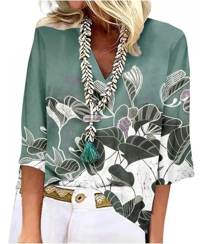 Summer Tops 3/4 Sleeves V-Neck Elegant Printing Casual Office Work Top Trendy Tees T-Shirts 01-green $6.09 T-Shirts