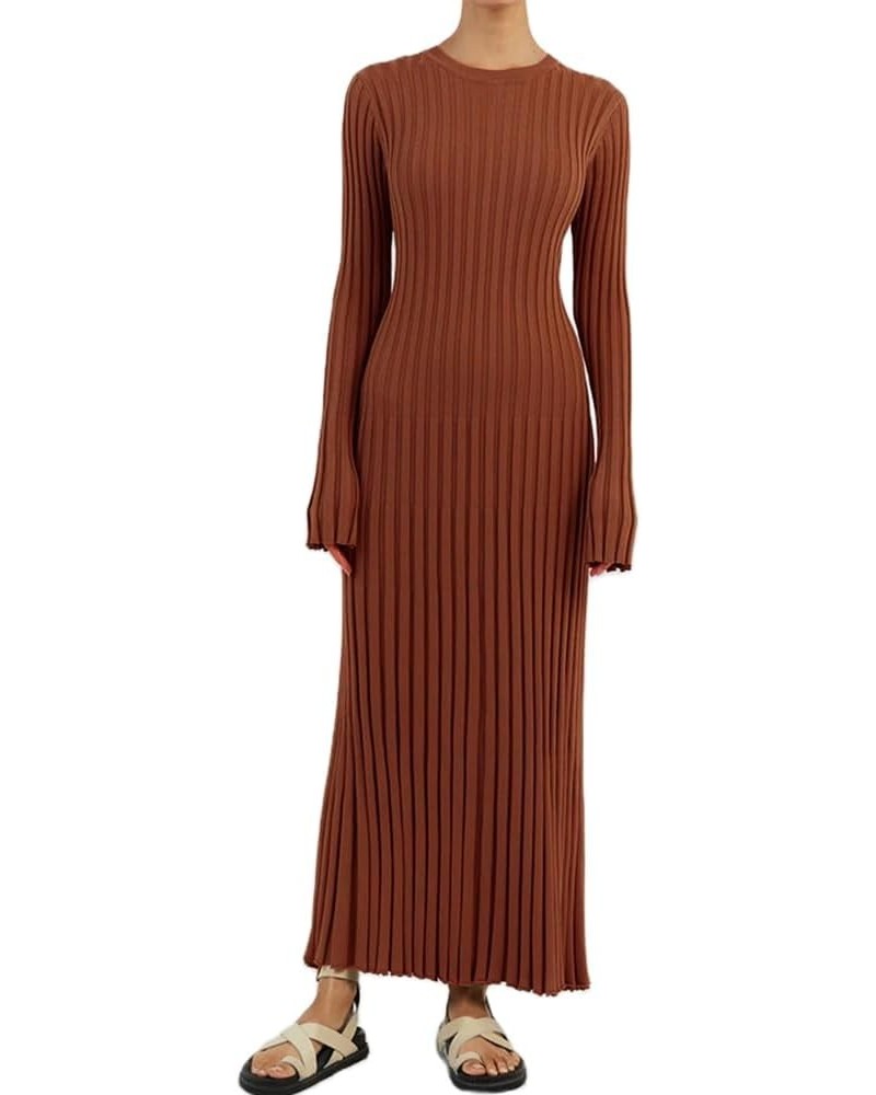 Women Bell Long Sleeve Knit Maxi Dress Casual Ribbed Sweater Dress Pleated Bodycon Long Dress Reddish Coffee $13.42 Dresses