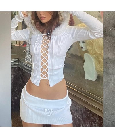 Sexy Long Sleeve and Mini Skirts Suits Sets Slim Fit Crop Top Bodycon Mini Skirts Skirt Matching Vacation Outfit White 2 $12....