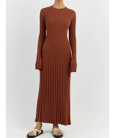 Women Bell Long Sleeve Knit Maxi Dress Casual Ribbed Sweater Dress Pleated Bodycon Long Dress Reddish Coffee $13.42 Dresses