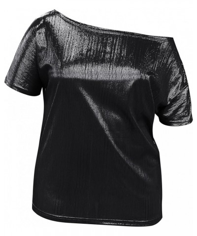 Dolman Metallic Tops for Women Off The Shoulder Sparkly Heart Tops Metallic Black $15.94 Blouses