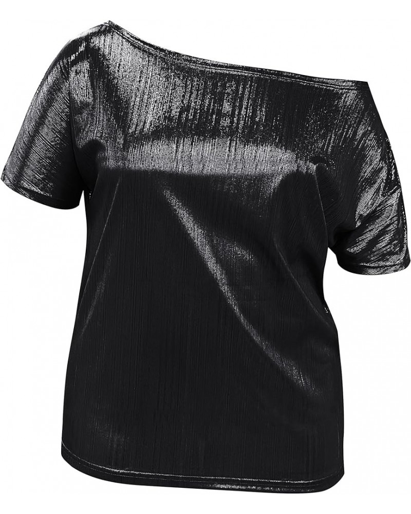 Dolman Metallic Tops for Women Off The Shoulder Sparkly Heart Tops Metallic Black $15.94 Blouses