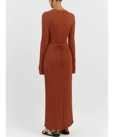 Women Bell Long Sleeve Knit Maxi Dress Casual Ribbed Sweater Dress Pleated Bodycon Long Dress Reddish Coffee $13.42 Dresses