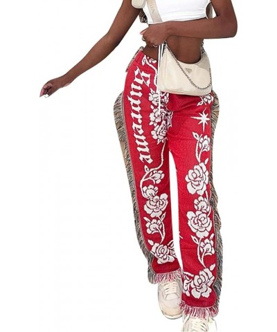 Womens Casual Medium Waist Tassel Fringe Print Pencil Jogger Pants Red Peony $18.40 Pants