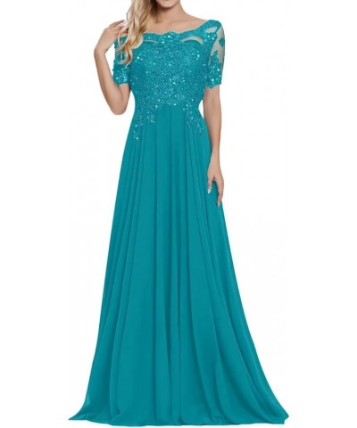 Chiffon Mother of The Bride Dresses Women's Lace Applique Beaded Formal Dresses Short Sleeve Evening Gowns Aqua $37.25 Dresses