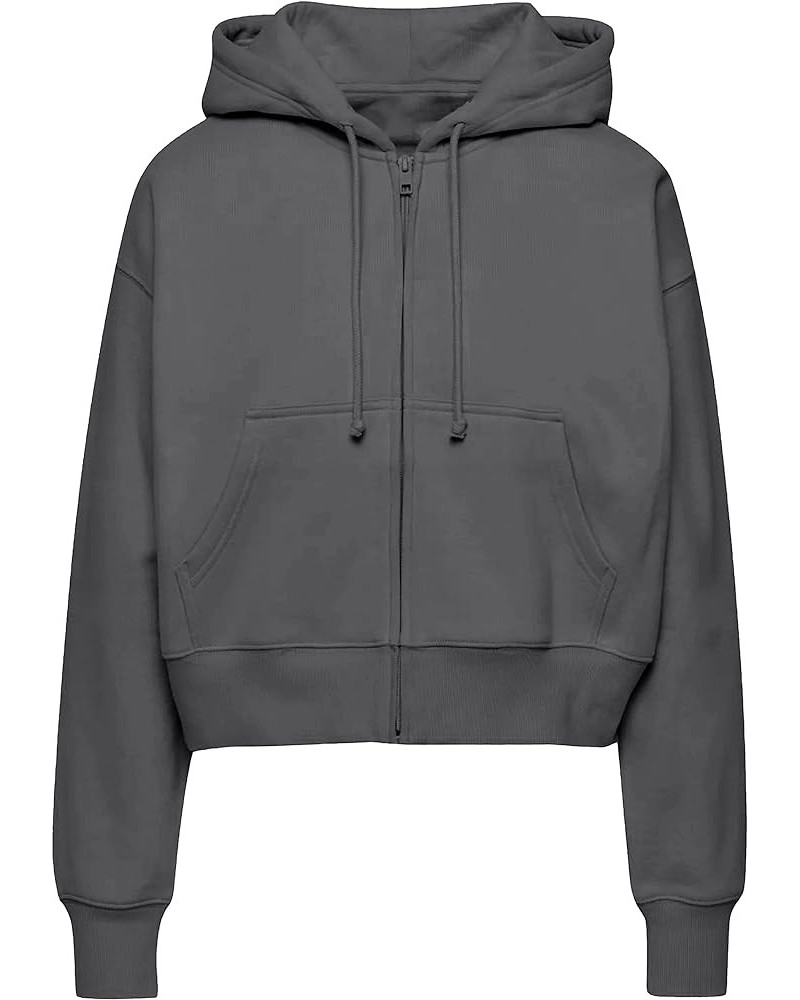 Women's Casual Zip Up Drawstring Cropped Hoodie Hooded Crop Jacket Top with Pockets Dark Grey $13.24 Hoodies & Sweatshirts