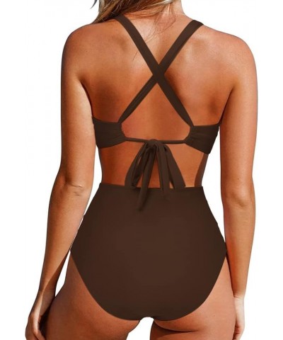 Women's Halter Monokini One-Piece Swimwear Hollow Swimsuit Beachwear Set Print Swimming Suit Teddy Brown-b $10.61 Swimsuits