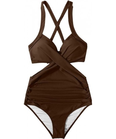 Women's Halter Monokini One-Piece Swimwear Hollow Swimsuit Beachwear Set Print Swimming Suit Teddy Brown-b $10.61 Swimsuits