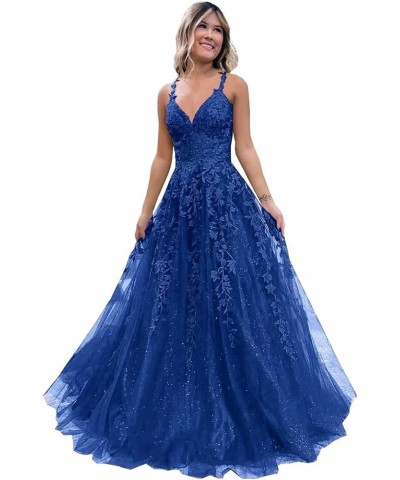 Glitter Tulle Prom Dresses Long Lace Appliqued Sparkly Corset Formal Evening Party Gown Blue $29.24 Dresses