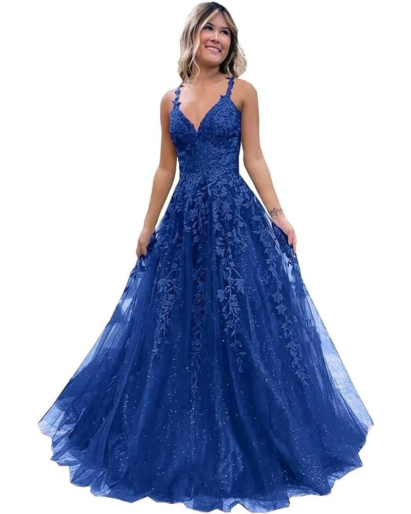 Glitter Tulle Prom Dresses Long Lace Appliqued Sparkly Corset Formal Evening Party Gown Blue $29.24 Dresses