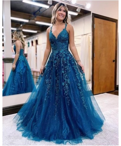 Glitter Tulle Prom Dresses Long Lace Appliqued Sparkly Corset Formal Evening Party Gown Blue $29.24 Dresses