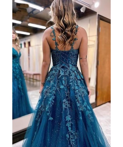 Glitter Tulle Prom Dresses Long Lace Appliqued Sparkly Corset Formal Evening Party Gown Blue $29.24 Dresses