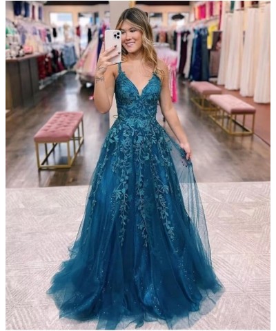 Glitter Tulle Prom Dresses Long Lace Appliqued Sparkly Corset Formal Evening Party Gown Blue $29.24 Dresses