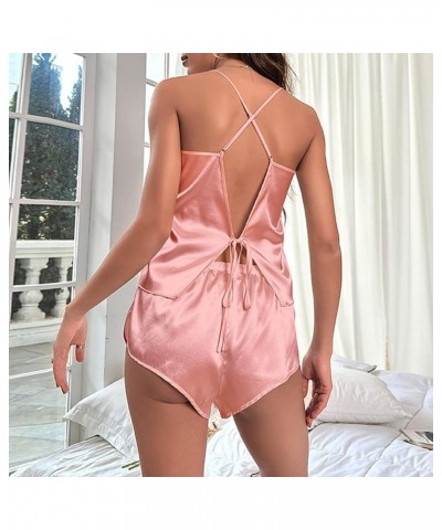 Silk Pajamas for Women Set 2 Piece Sexy Lingerie Womens Pajama Sets Cami Shorts Set Lace Sleepwear Nightwear D-pink $8.25 Sle...