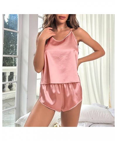 Silk Pajamas for Women Set 2 Piece Sexy Lingerie Womens Pajama Sets Cami Shorts Set Lace Sleepwear Nightwear D-pink $8.25 Sle...