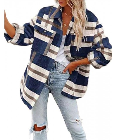 Long Sleeve Casual Plaid Shacket Jackets Shirts Lapel Tweed Pea Coat For Women Blue $14.65 Jackets