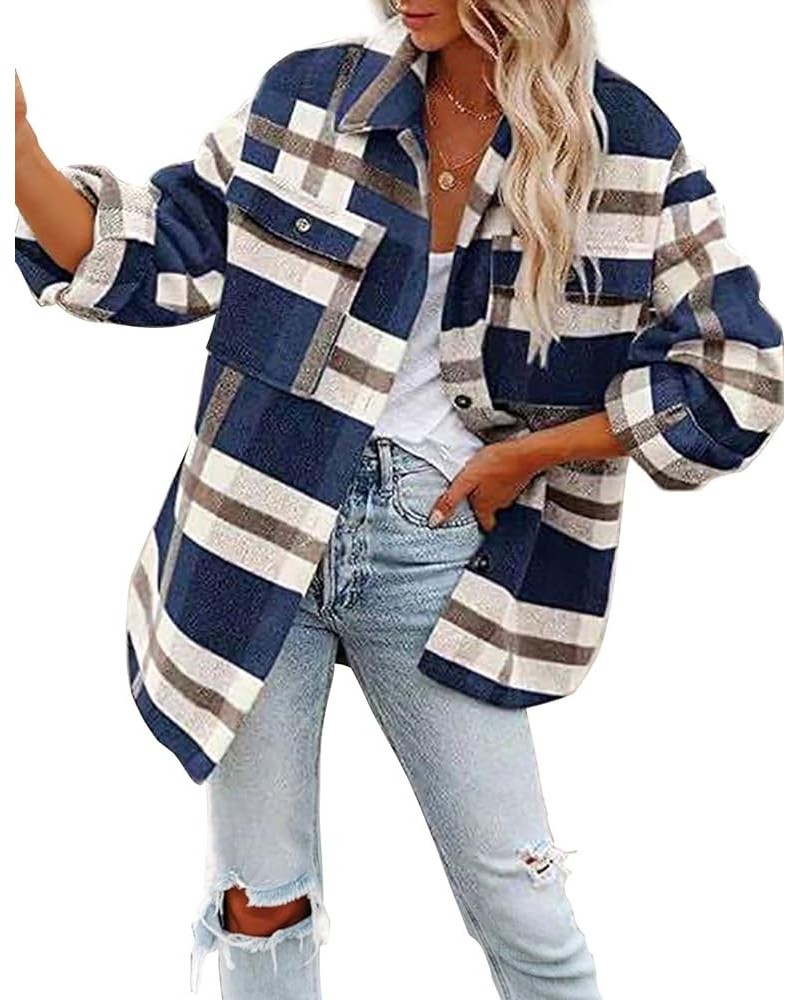 Long Sleeve Casual Plaid Shacket Jackets Shirts Lapel Tweed Pea Coat For Women Blue $14.65 Jackets