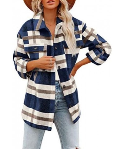 Long Sleeve Casual Plaid Shacket Jackets Shirts Lapel Tweed Pea Coat For Women Blue $14.65 Jackets