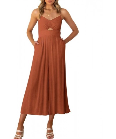 Women's Summer Casual Spaghetti Straps Sleeveless V Neck Cutout High Waist Wide Leg Jumpsuits Rompers with Pockets Rust $25.6...