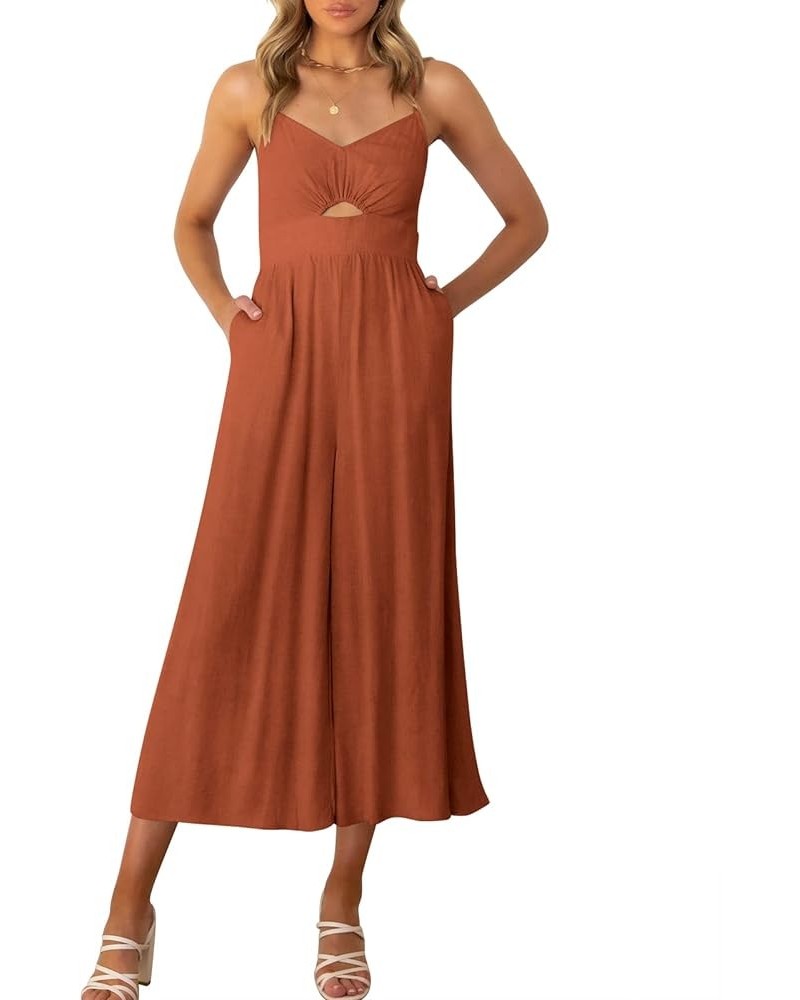 Women's Summer Casual Spaghetti Straps Sleeveless V Neck Cutout High Waist Wide Leg Jumpsuits Rompers with Pockets Rust $25.6...