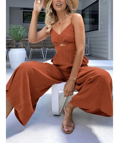 Women's Summer Casual Spaghetti Straps Sleeveless V Neck Cutout High Waist Wide Leg Jumpsuits Rompers with Pockets Rust $25.6...