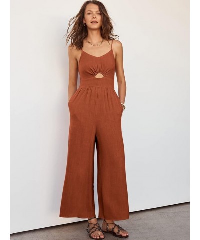 Women's Summer Casual Spaghetti Straps Sleeveless V Neck Cutout High Waist Wide Leg Jumpsuits Rompers with Pockets Rust $25.6...